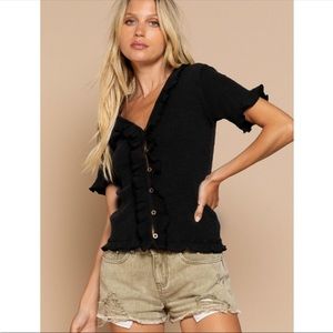POL Black Ruffle Trim Cardigan Short Sleeve